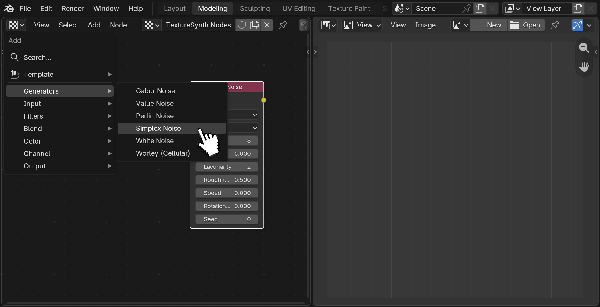 Shift+A menu showing Simplex node