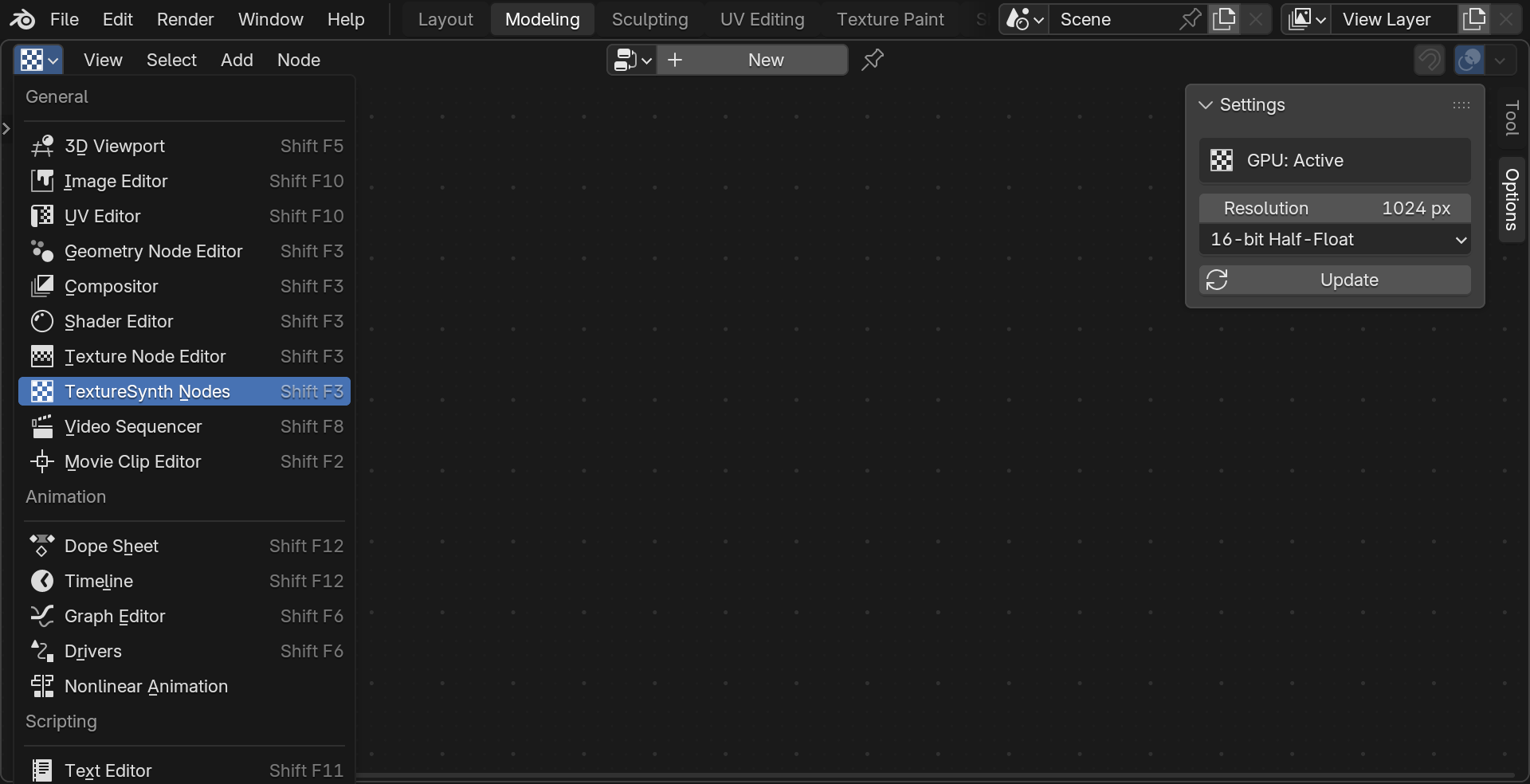 Node editor with sidebar showing GPU: Active