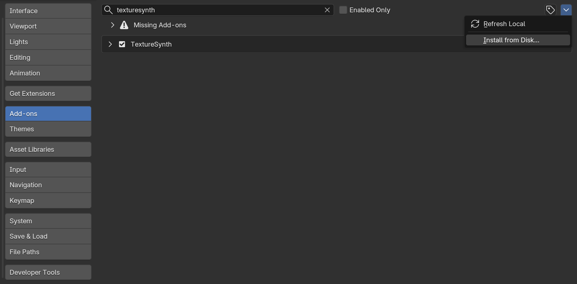 Blender Preferences showing TextureSynth in the add-ons list